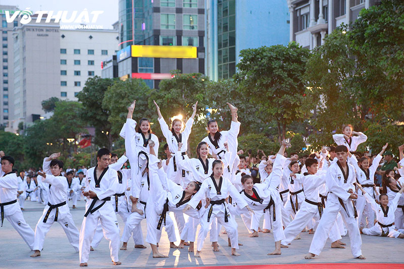 Các võ sĩ Taekwondo tự tin thể hiện những bài quyền đồng đều và ấn tượng